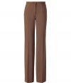 Luxurious pants in fine, cocoa brown pure wool stretch - New wide silhouette with narrow waistband - Figure flattering creases - Wonderfully elegant and fashionable, yet simple - Ingenious for 24/7  - Wear these pants with a blouse and cardigan in the office and in the evening with a chiffon blouse and biker jacket