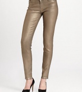 Goldtone metallic finish adds a stunning, leather-like look to these stretchy, mid-rise skinnies. THE FITMedium rise, about 8Inseam, about 30THE DETAILSZip flyFive-pocket style98% cotton/2% spandexMachine washMade in USA of imported fabricModel shown is 5'9 (175cm) wearing US size 0.