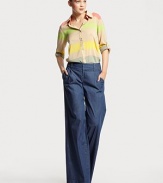 Lightweight denim in a wide, leg-lengthening silhouette tailored with a shapely contour waistband and front pleats.Wide waistband with belt loopsZip-flyPleated frontSlash pocketsBack welt pocketsRise, about 9Inseam, about 3798% cotton/2% elastaneDry cleanMade in USAModel shown is 5'10 (177cm) wearing US size 4.