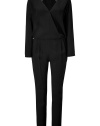 Take a modern stance on after-hours elegance with Jay AhrS jet black jumpsuit, detailed with sleek silk trim for an ultra glamorous finish - Spread stand-up collar, wrapped V-neckline, long sleeves, wrapped top, pleated trousers, loosely tailored fit - Pair with platform pumps and a shimmering metallic clutch
