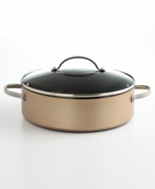 Crafted in bronze-hued, hard-anodized aluminum, this stunning sauteuse features an exclusive nonstick coating that allows you to sauté, sear and braise with little to no oil and sumptuous style. Also great as a casserole, it's ideal for oven-to-tabletop serving. Limited lifetime warranty.