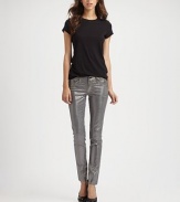 Slightly textured, foil-like finish makes these leggings-style skinnies the must-have style statement of the season. THE FITRise, about 7Inseam, about 31Leg opening, about 10½THE DETAILSButton closureZip flyFive-pocket styleSupima cotton/cotton/modal/polyurethaneMachine washMade in USA of imported fabricModel shown is 5'11 (178cm) wearing US size 4.