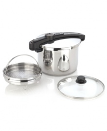 This one is for the cooks-experience the ease & convenience of a pressure cooker in the kitchen. Crafted from 18/10 stainless steel, this must-have features a pressure indicator that takes the guesswork out of prep and two pressure positions for precision results. Plus, an easy-to-read measurement line on the interior makes safety a must by letting you know when you have reached the recommended fill capacity. 10-year warranty.