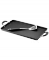 Extending over two burners, this hard-anodized aluminum griddle creates the perfect workspace for whipping up a breakfast spread or a grilled feast. The low sides make it easy to flip food with the included stainless steel turner, and the nonstick surface guarantees easy release and quick cleanup. Lifetime warranty.
