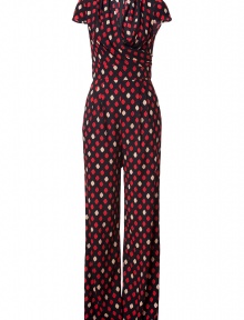 Playful and punchy with an eye-catching print, Catherine Malandrinos stretch silk jumpsuit lends a fun, contemporary twist to your look - Draped V-neckline, cap sleeves, draped wrapped bodice, self-tie back sash, hidden back zip - Fitted bodice, wide-leg pants - Wear with platforms, a blazer, and carryall tote to work