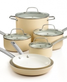 Embrace a healthier approach to prepping your favorite dishes. Ceramic nonstick interiors and aluminum bodies promote low-fat to no-fat cooking with quick release surfaces that evenly heat food and clean up quick. The classic straight-sided shapes keep messes and spills inside the pan, and riveted stainless steel handles provide a secure, confident grip. Lifetime warranty.