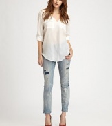 A slouchy, effortlessly hip version of The Stiletto jeans, this statement pair has subtle distressing and a flattering rise. THE FITSkinny fitMedium rise, about 8½Inseam, about 27THE DETAILSButton closureZip flyFive-pocket style90% cotton/6% polyester/4% spandexHand washMade in USA of imported fabricModel shown is 5'10 (177cm) wearing US size 2.