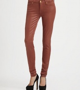 Crafted with fantastic stretch and recovery, these high-shine skinnies have a glossy coating that gives them a supple, leather-like appearance. THE FITMedium rise, about 8Inseam, about 30Leg opening, about 10THE DETAILSZip flyFive-pocket style98% cotton/2% spandexHand washMade in USAModel shown is 5'11 (178cm) wearing US size 4.