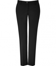 Stylish pant in fine, synthetic fiber and wool stretch blend - Classically elegant in black with subtle, monochrome pin stripe - Modern silhouette is slim and crops at ankles - Pleat detail at front and back extends from hip to hem, lengthening and flattering the leg - Button closure and belt loops - Welt pockets at rear - A sleek, sophisticated go-to for day and evening - Pair with a silk or sequin blouse, a blazer and platform pumps