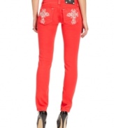 Rhinestone-cross details at the back pockets add eye-catching appeal to these colored-denim Miss Me skinny jeans -- perfect for daytime glam!