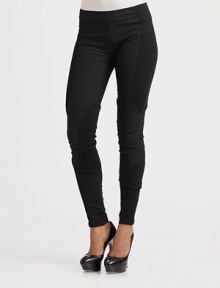 THE LOOKBanded waist Back zip with hook and eye closure Ribbed panels on outer waist and thigh, inner knee and outer ankleTHE FITSlim fit Skinny leg Rise, about 9 Inseam, about 31THE MATERIALPants: 96% wool/4% Lycra Ribbed Panels: 95% cotton/5% spandexCARE & ORIGINDry clean Imported