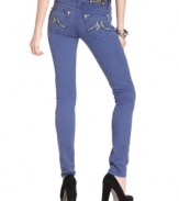 Rhinestones and embroidery at the back pockets add eye-catching appeal to these Miss Me skinny jeans, in a colored wash that's hot for fall!