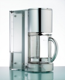 Slender and satisfying, this Kalorik coffee maker brings bold new style to your countertop. Its ultra modern, polished stainless steel and frosted-glass housing delivers 10 cups of amazingly rich, flavorful coffee – the perfect start to any day. One-year warranty. Model CM17442.