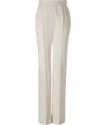 Luxe ivory pants in fine wool stretch - new wide leg silhouette - with pin tuck seam (works like pleats) - the Look: ladylike, respectable, but trendy at the same time - sits high at the waist - a dream basic in luxurious, really wonderful quality - for many occasions from the office to art exhibit previews - best worn with slim tops that can be tucked in - a MUST: high heels - wear with a blazer, trench coat